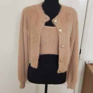 Button Front Fuzzy Knit Cardigan w/ Cami